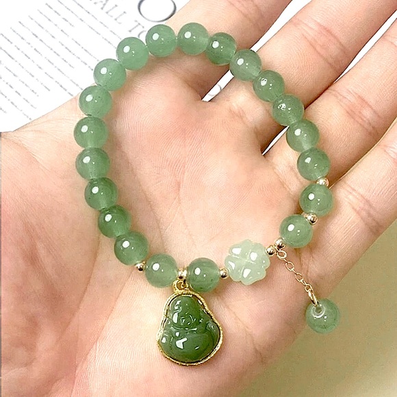 2/25 NWT 1pc Murano Jade Glass Four Leaf Clover Buddha Pendant Bracelet - Picture 3 of 5